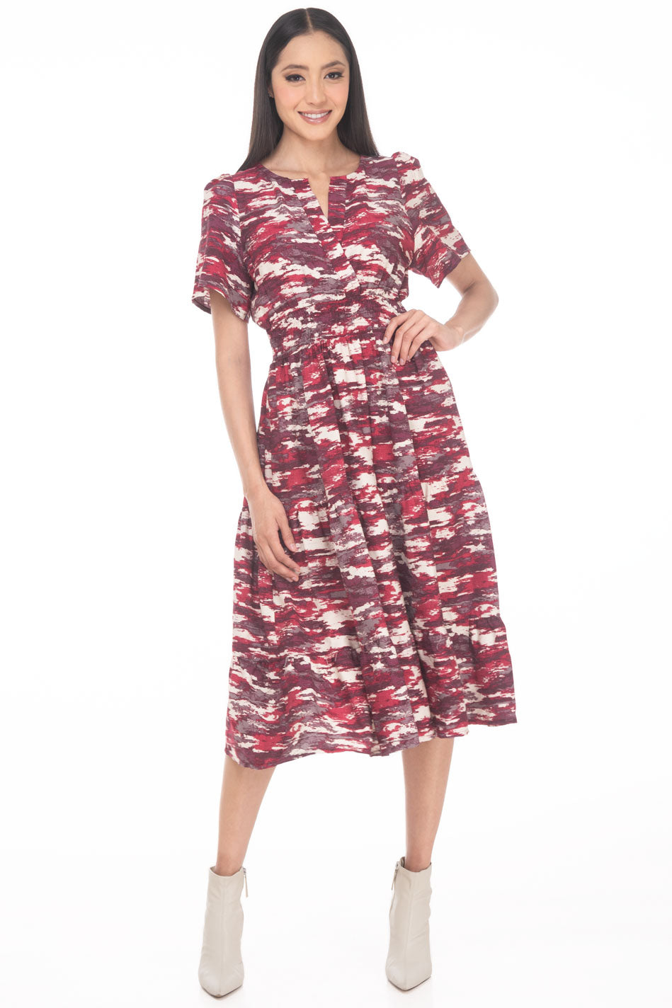 VD3817:2509:Vestido Semicircular Estampado Midi Con Smock Escote En V
