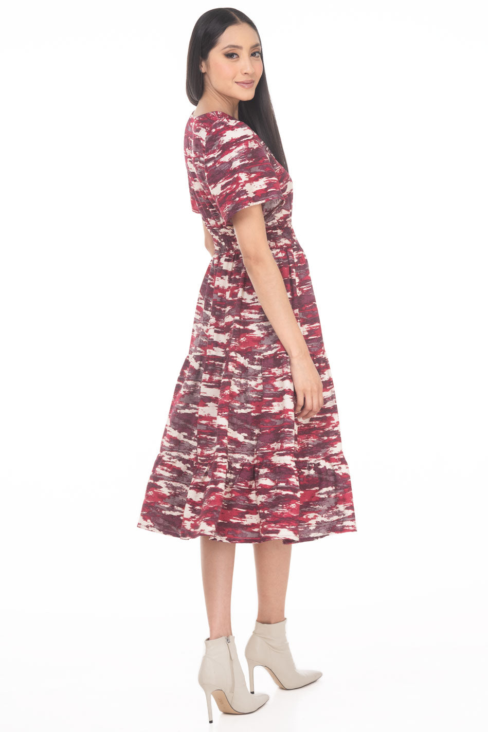 VD3817:2509:Vestido Semicircular Estampado Midi Con Smock Escote En V