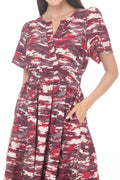 VD3817:2509:Vestido Semicircular Estampado Midi Con Smock Escote En V
