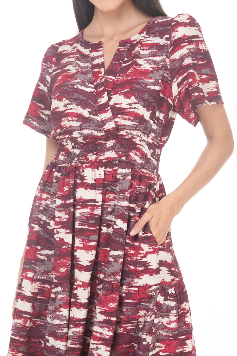 VD3817:2509:Vestido Semicircular Estampado Midi Con Smock Escote En V