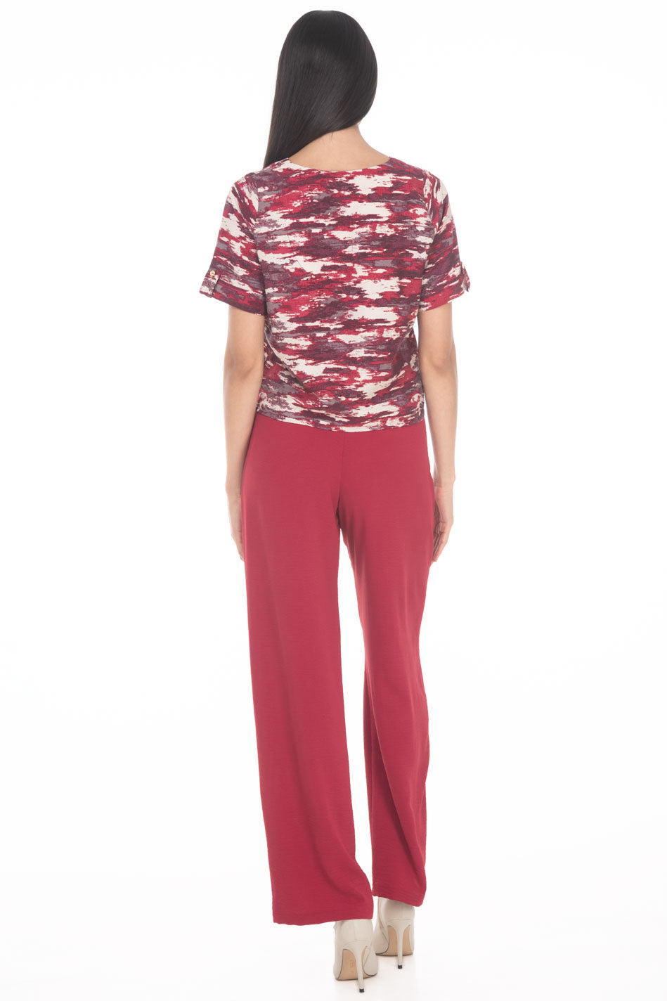 VD3818:2509:Blusa Recta A La Cadera Estampada Escote En V Manga Corta