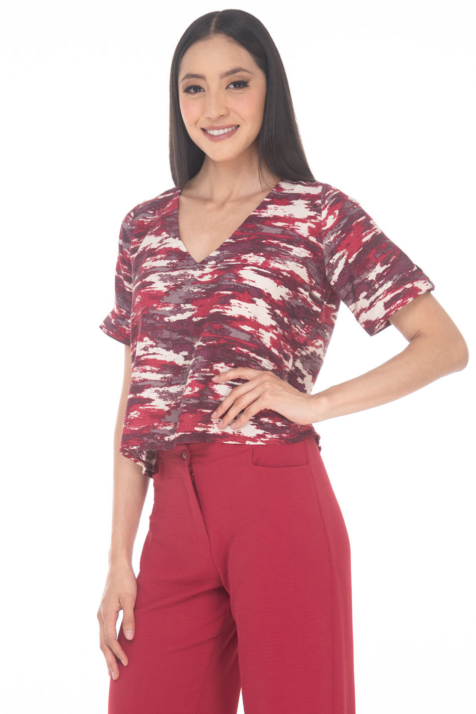 VD3818:2509:Blusa Recta A La Cadera Estampada Escote En V Manga Corta