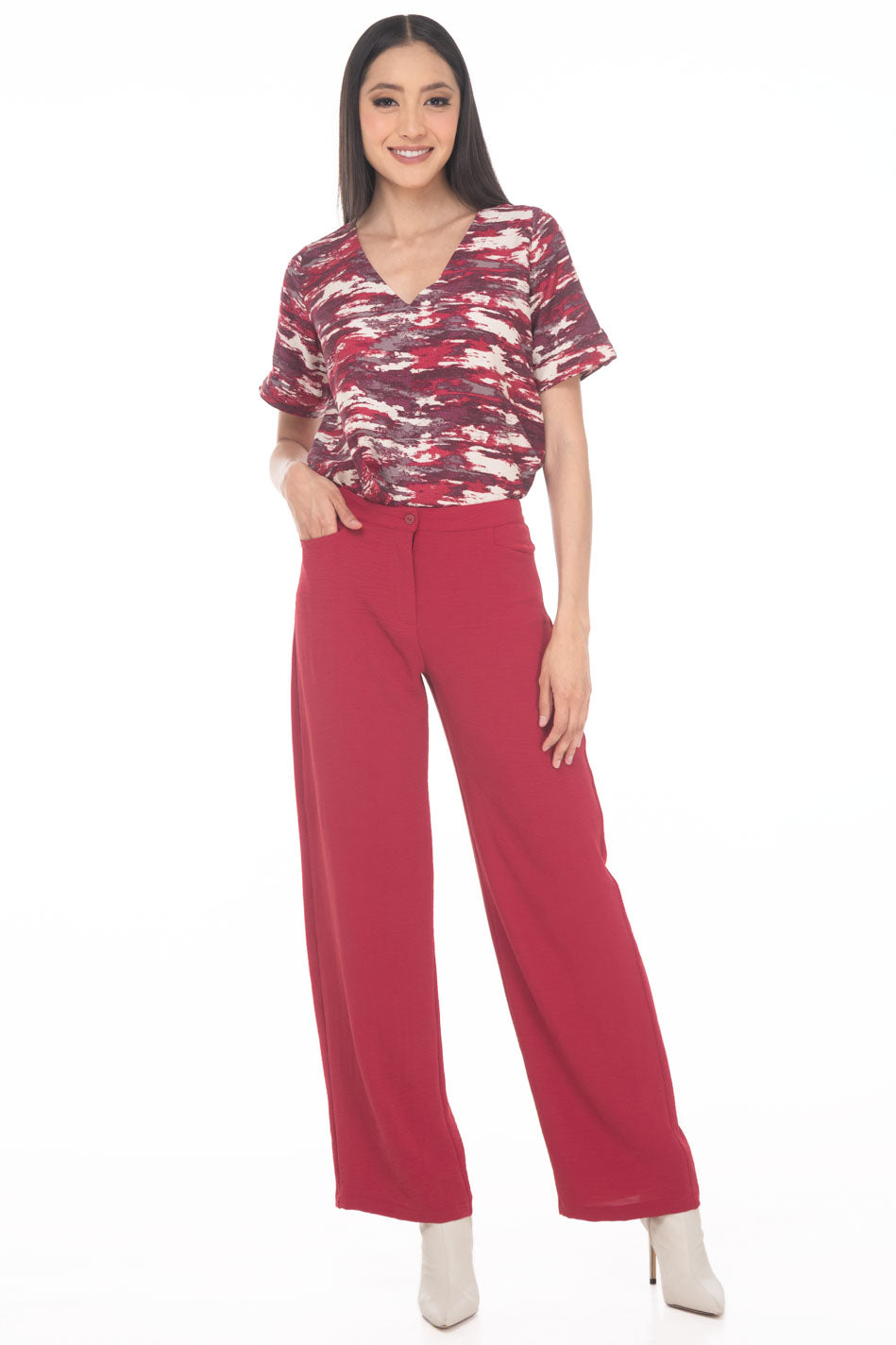 VD3819:2509:Pantalon Recto Liso Casual Largo Con Pretina Y Bolsillos