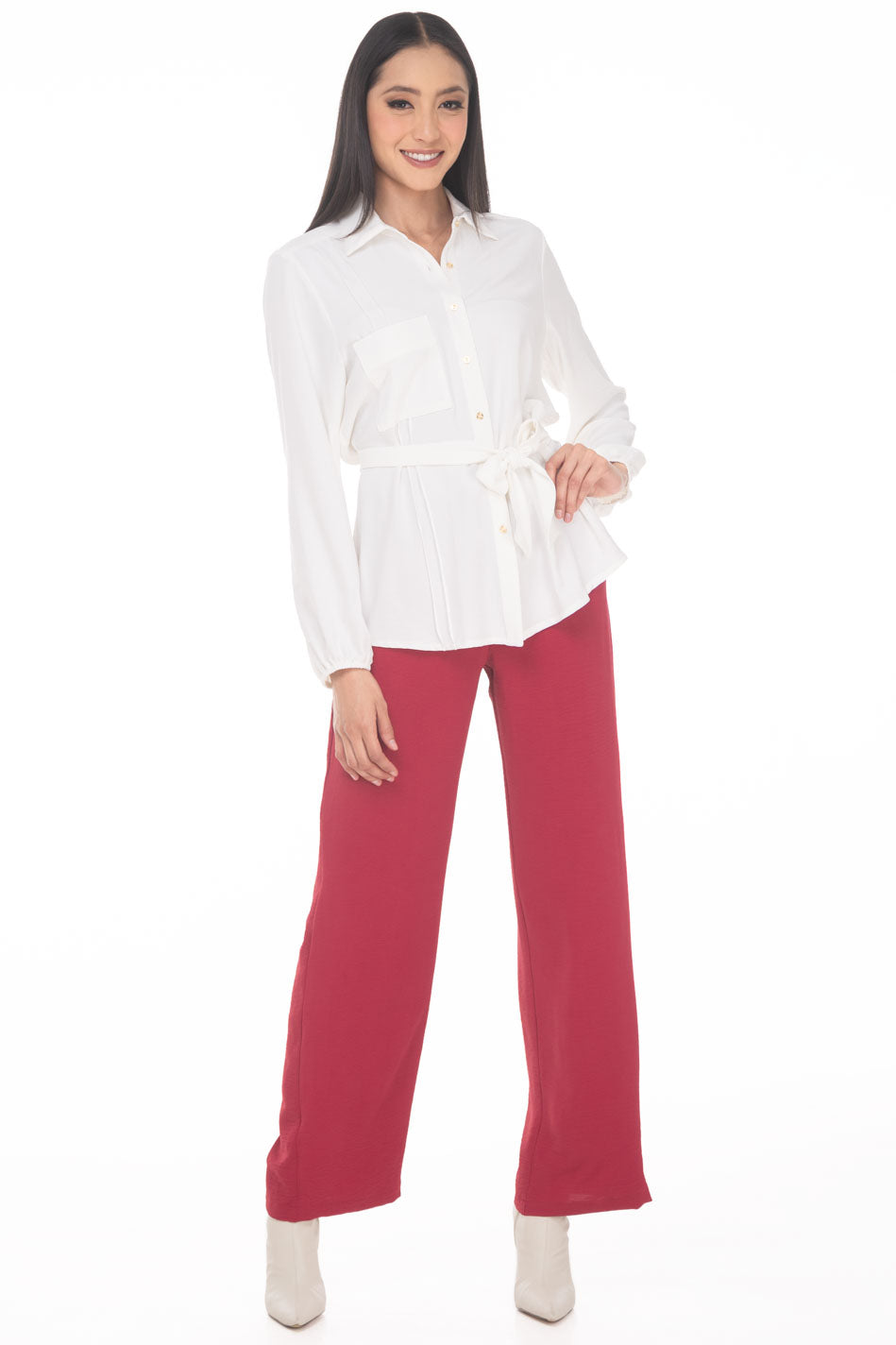 VD3821:2509:Blusa Camisera Con Cinta De Amarre Trasera Manga Larga corte