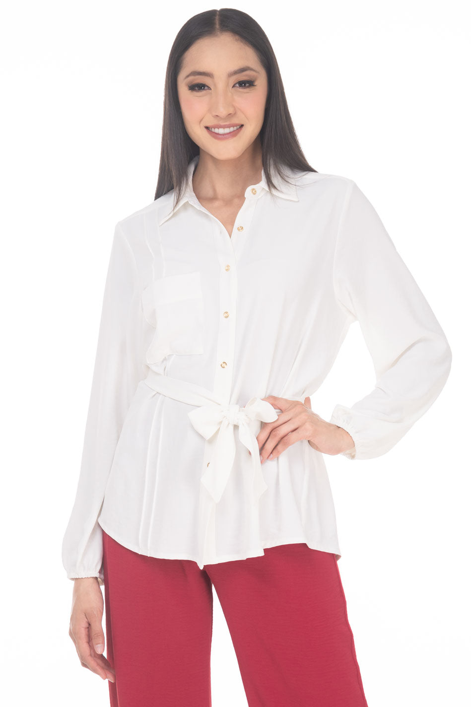 VD3821:2509:Blusa Camisera Con Cinta De Amarre Trasera Manga Larga corte