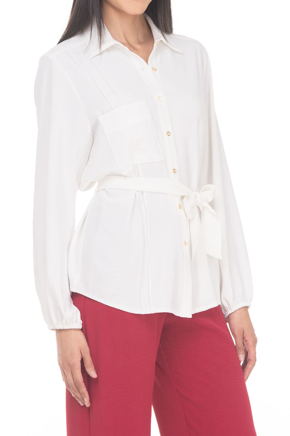 VD3821:2509:Blusa Camisera Con Cinta De Amarre Trasera Manga Larga corte
