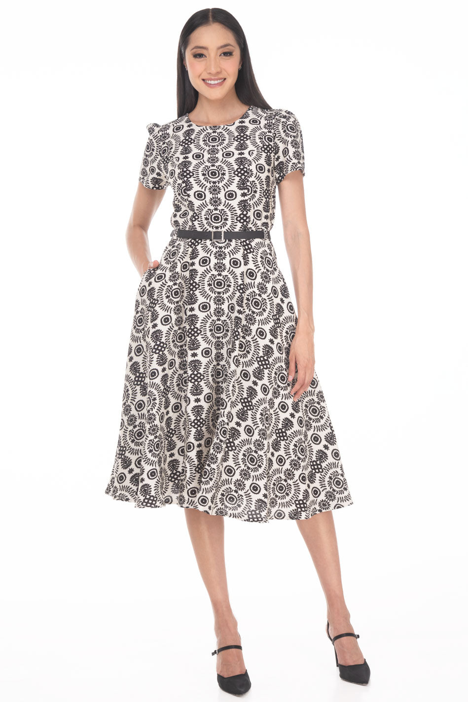 VD3824:2509:Vestido Semicircular Estampado Cuello Redondo Manga Corta
