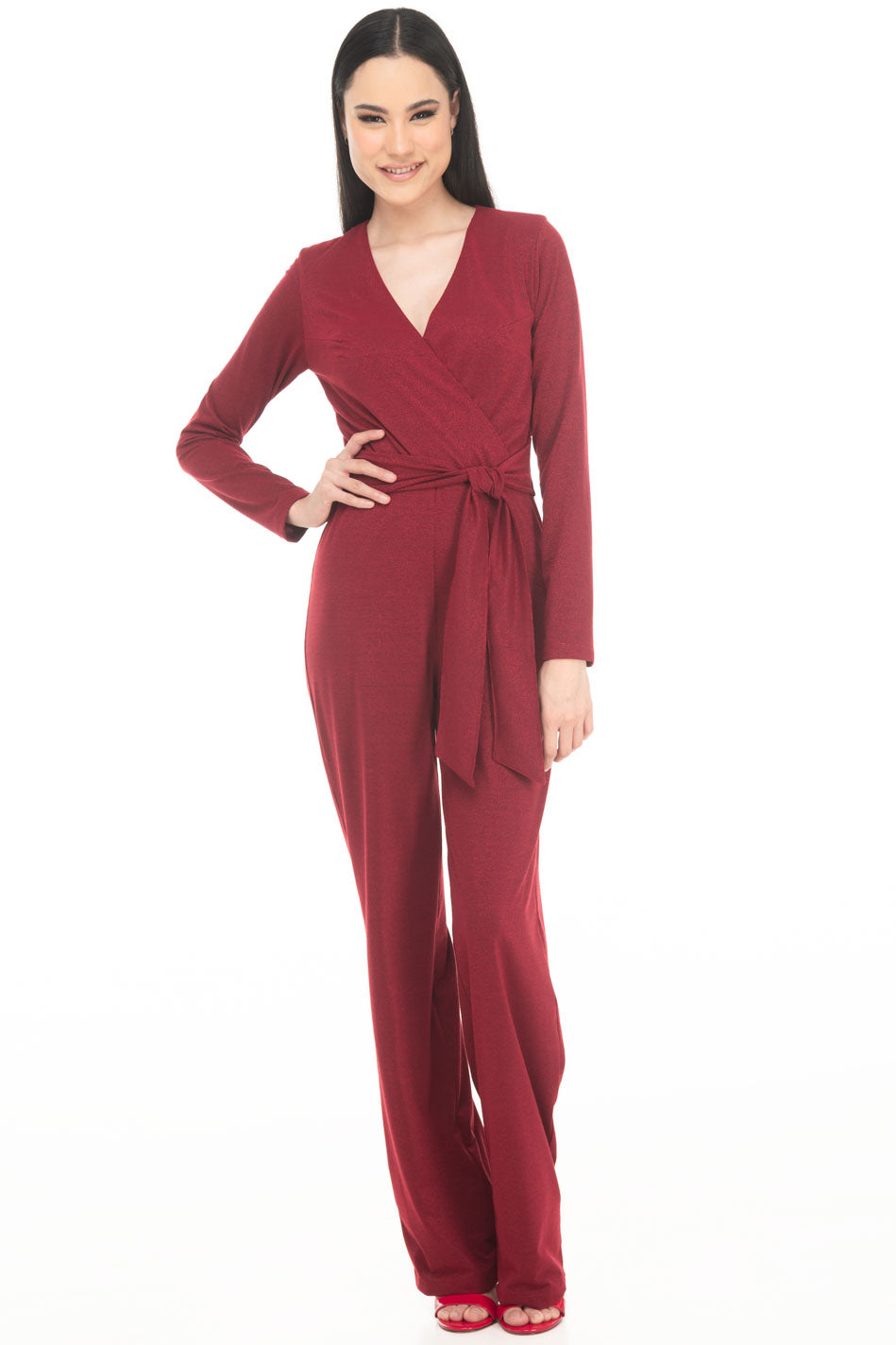 VD3839:2510:Jumpsuit Recto Liso Con Lurex Y Amarre Escote V Manga Larga