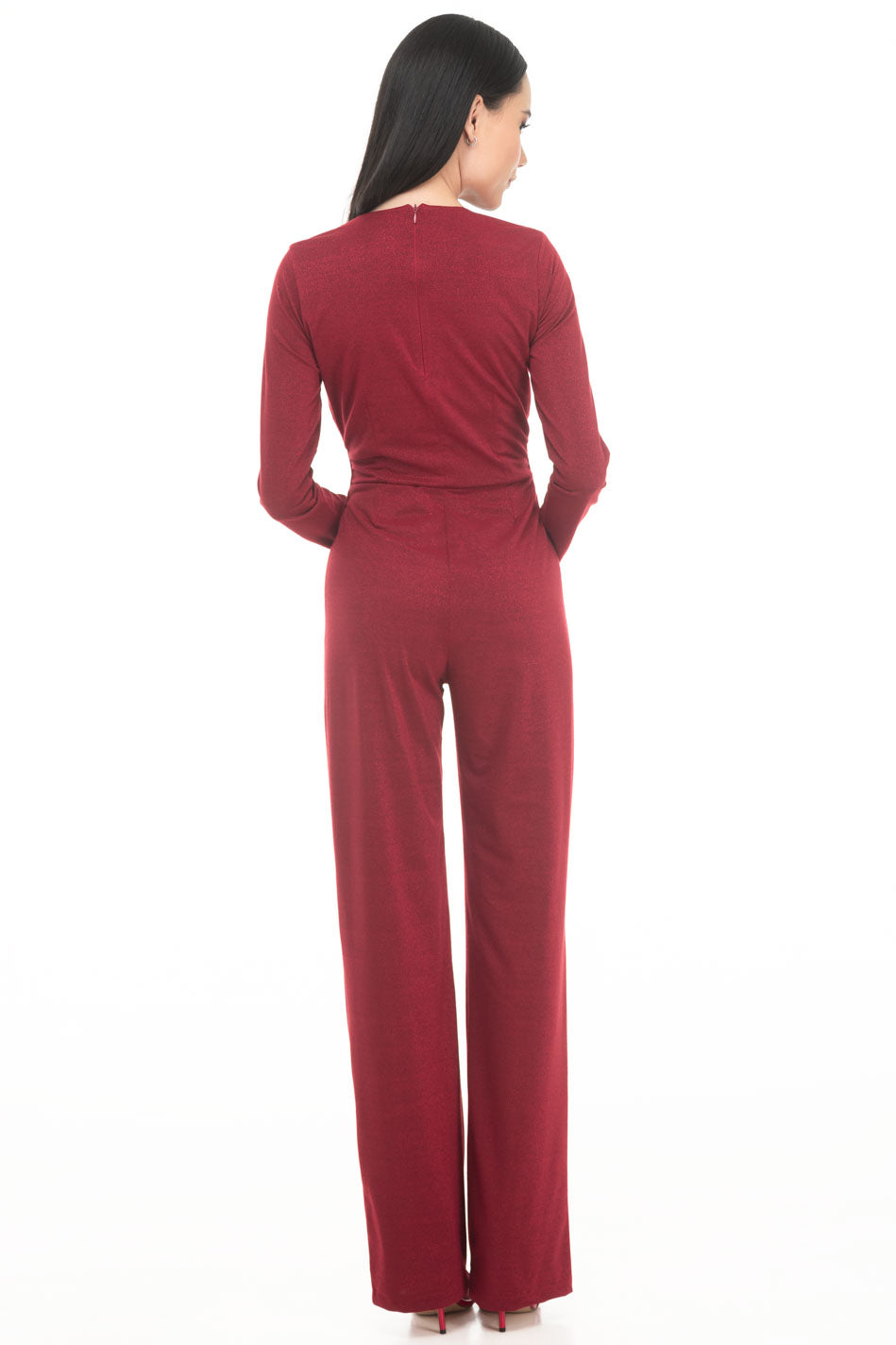 VD3839:2510:Jumpsuit Recto Liso Con Lurex Y Amarre Escote V Manga Larga