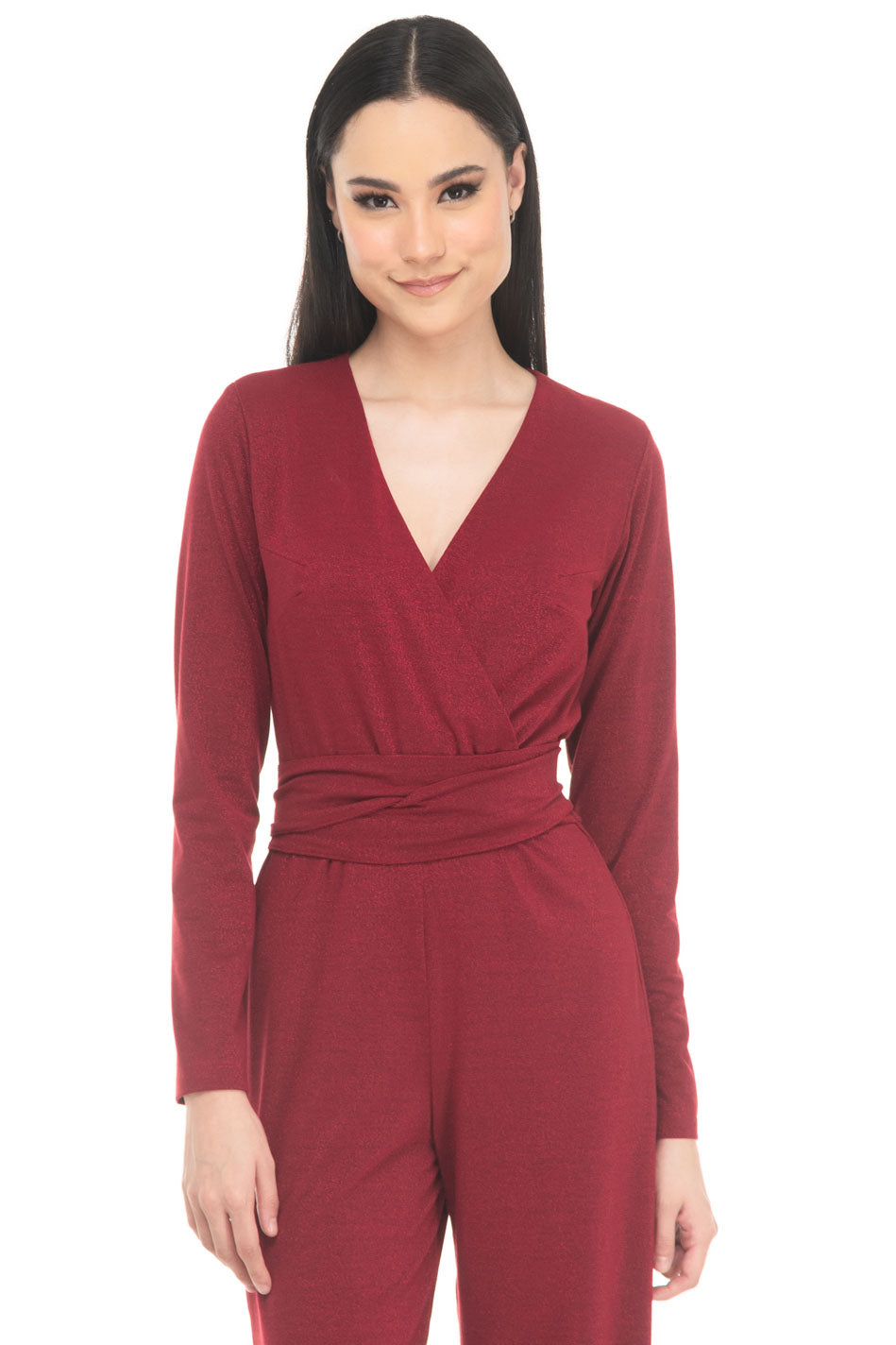 VD3839:2510:Jumpsuit Recto Liso Con Lurex Y Amarre Escote V Manga Larga