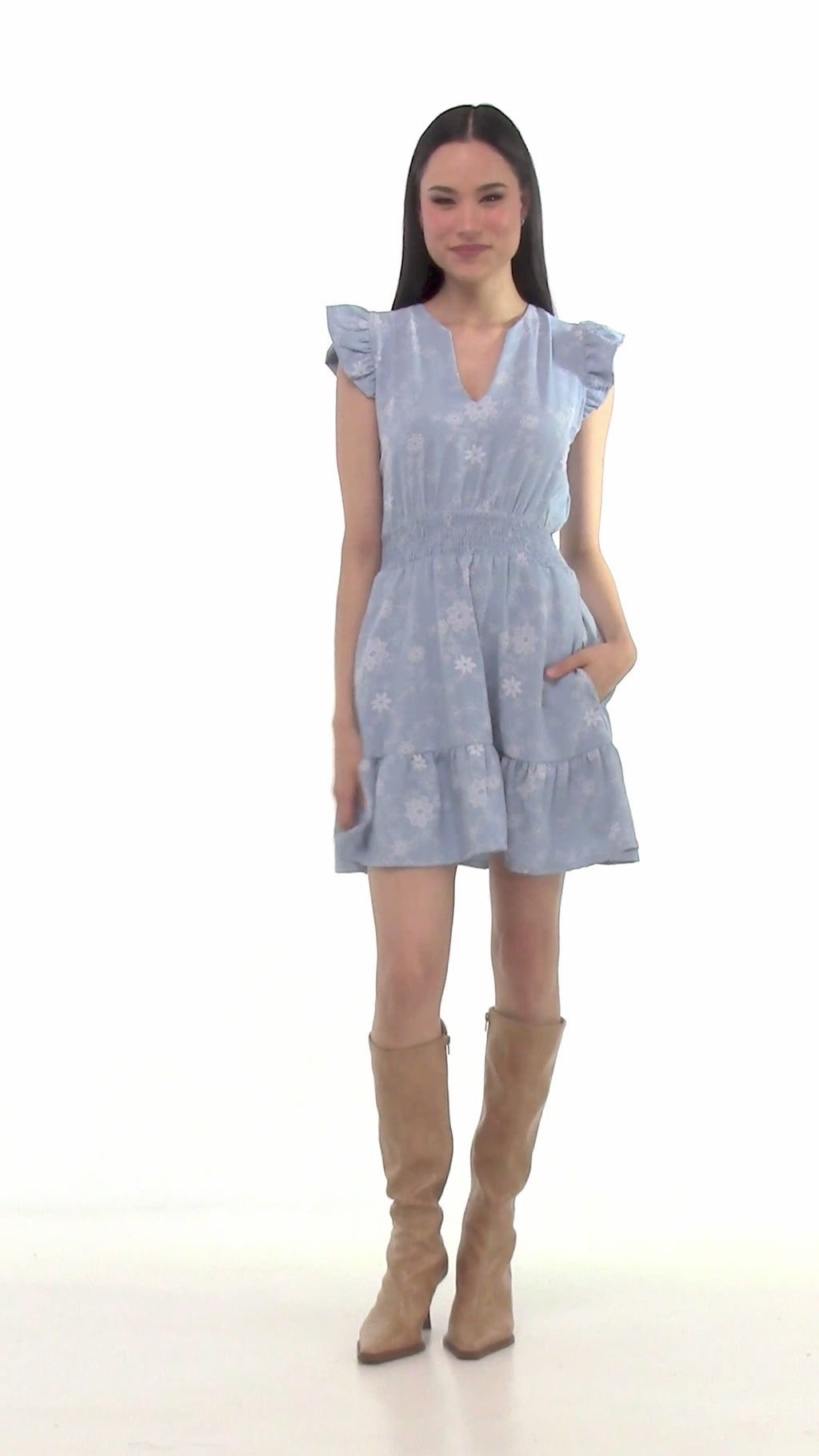 S10614:2507:Vestido Semicircular Floral Corto Con Smock Escote En V